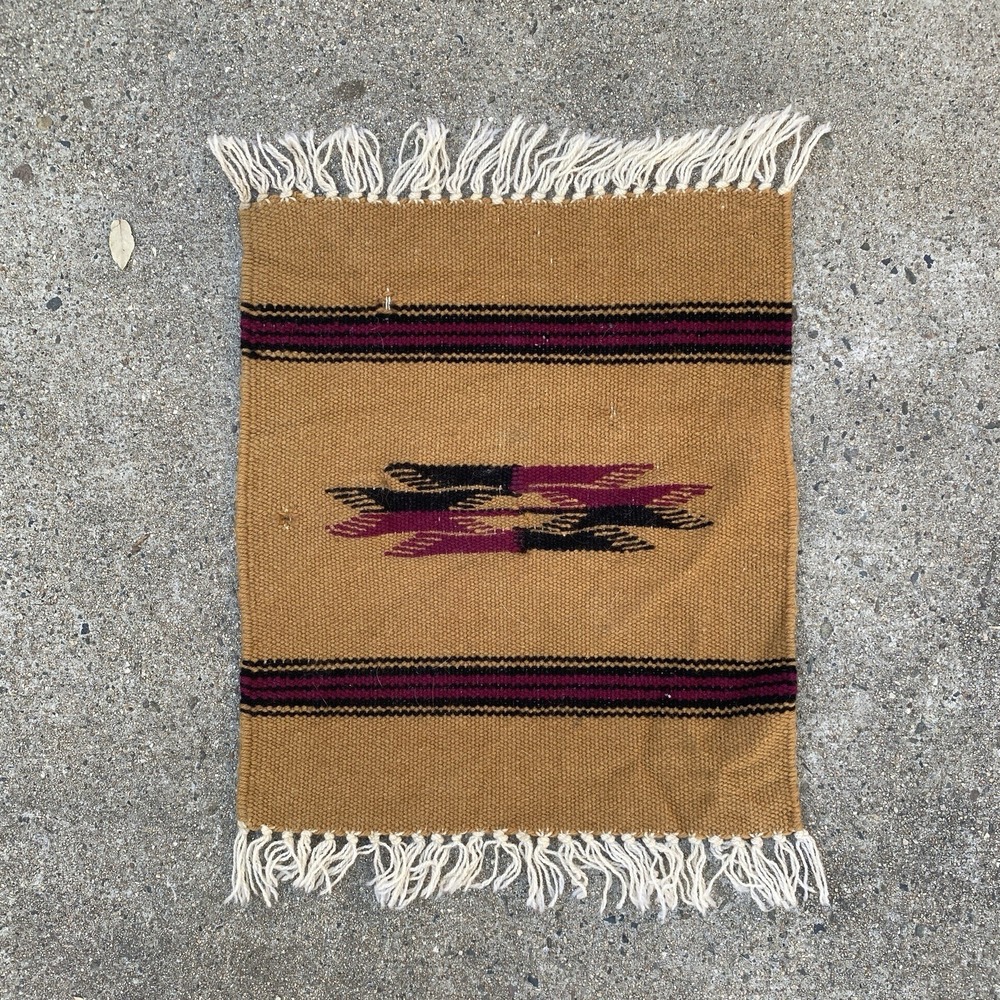 Vintage Chimayo Small Rug Wool Golden Brown + Burgundy
